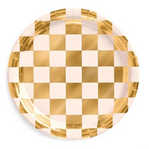 xo, Fetti Gold Checkered Paper Plates | 25pk, 9" | Bachelorette Tableware, Birthday Party Supplies, Modern Disposable Setting, Dinner Table Decor - Image 1