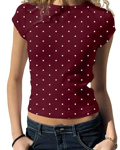Cioatin Women Polka Dot Short Sleeve Crop Tshirt Tops Cute Girls Y2K Aesthetic Slim Fit Crewneck Tee Shirt Coquette Clothes - Image 1