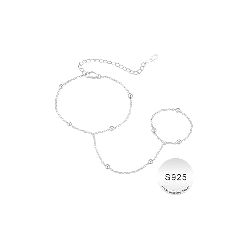 IEFWELL S925 Sterling Silver Hand Chain Bracelet for Women - Dainty Satellite Beads Cable Twisted Sequins Hand Chain Bracelet Finger Ring, Sterling Silver Christmas Birthday Jewelry Gifts for Her - Image 1