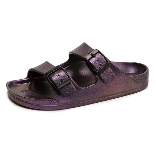FUNKYMONKEY Women's Comfort Slides Double Buckle Adjustable Plastics Flat Sandals - 6 - Variation Purple - Image 1