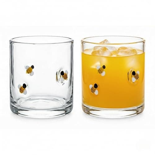2 Pack Icon Bee Juice Glass, Old Fashioned Transparent Cup Heat & Cold Resistant Coffee Cup with Heavy Base, Cute Cocktail Glass Drinking Mug 15 oz, Unique Bee Design for Birthday Housewarming Gift - Image 1