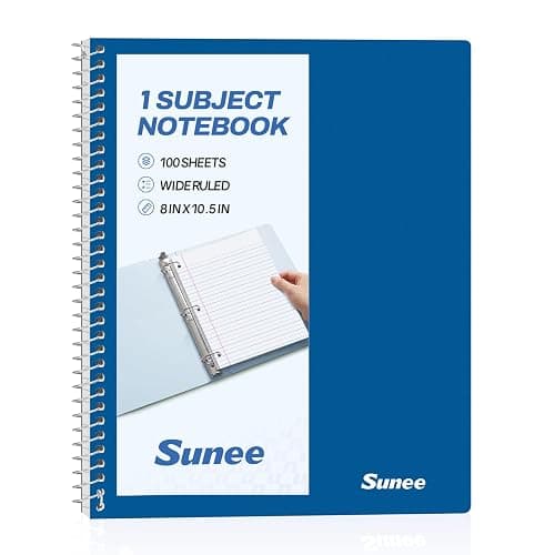 SUNEE Spiral Notebook, 1-Subject, Wide Ruled Paper, 8" x 10-1/2", 100 Sheets per Notebook, 3-Hole Punched Paper, Water Resistant Cover, Double-sided Pockets, Dark Blue - Image 1