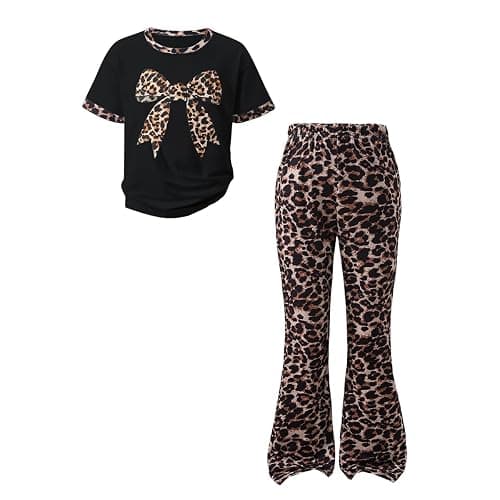 HSOXLQF Tween Girls Clothes 2 Piece Outfits Bow Short Sleeve Tops and Leopard Print Flare Pants Summer Set - Image 1