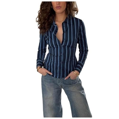Miqil Women Fitted Striped Button Up Shirt Y2K Tie Back Long Sleeve Collared Blouse Slim Fit Lace Up Button Down Shirt - Image 1