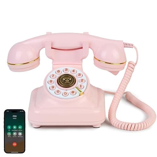Vintage Bluetooth Phone, Retro Desk Telephone with Gold Accents, Loud Nostalgic Ringtones, Bluetooth Connects to Smartphone for Home & Office, Pink - Image 1