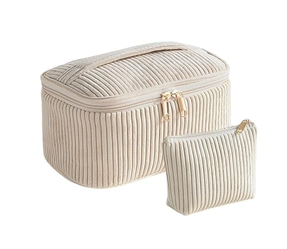 Kallsi 2 Pcs Makeup Bag Set, Cute Cosmetic Bag, Small Makeup Pouch for Purse, Travel Toiletry Bag for Women, Corduroy Make up Organizer with Zipper Beige - Image 1
