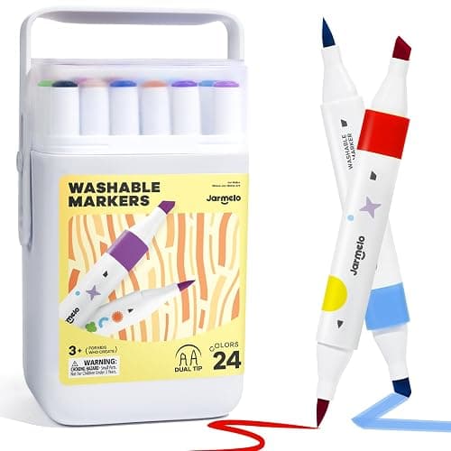 Jar Melo Washable Dual Tip Markers for Kids Ages 4-8, 24 Colors | Brush & Chisel Tip, Water-Based, Storage Case, School Art Supplies, Safe, Vibrant Colors - Image 1