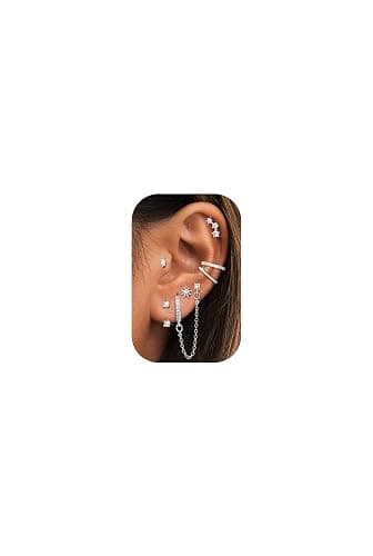 LOYALLOOK 14K Gold Plated Earrings for Women Hypoallergenic - Surgical Stainless Steel Stud Hoop Earring Stacks Dainty Dangle Chain Cartilage Earring Sets for Multiple Piercing Trendy Jewelry - Image 1