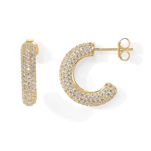 PAVOI 14K Gold Plated 925 Sterling Silver Post Cubic Zirconia Chunky Hoop Earrings - Thick Lightweight Gold Earrings for Women - Fully Studded Hoop - Image 1
