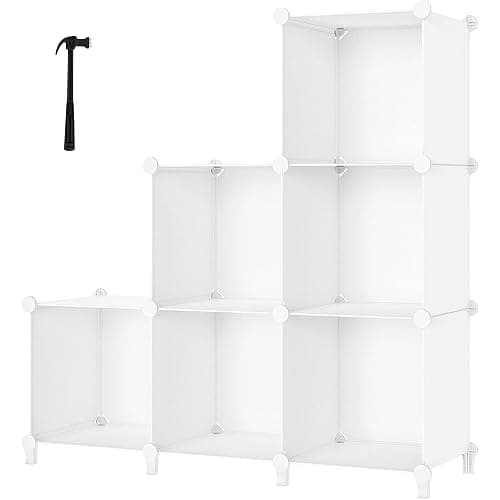 6 Cube Storage Shelf, Storage Bookcase Bookshelf with Metal Hammer, Storage Cubes Organizer Cabinet for Kids, Closet, Bedroom, Bathroom, (11.8x11.8x11.8 inch), White - Image 1
