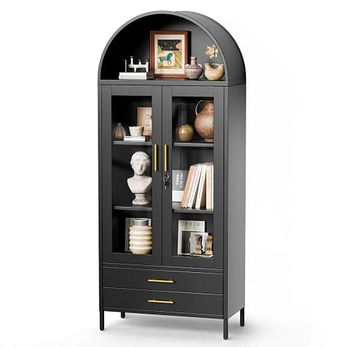 Holiwei 73" Tall Arched Cabinet, Metal Kitchen Pantry with Glass Doors, Modern Display Cabinet with 2 Drawers and 2 Adjustable Shelves for Living Room - Image 1
