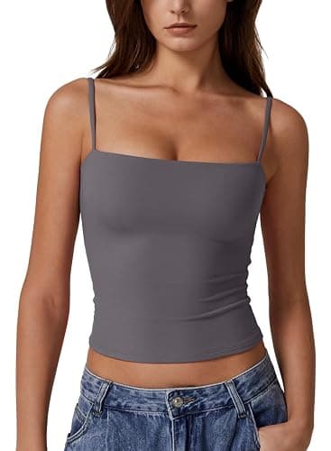 QINSEN Women's Double Lined Basic Tank Top Adjustable Spaghetti Straps Sleeveless Camisole Shirts - Image 1