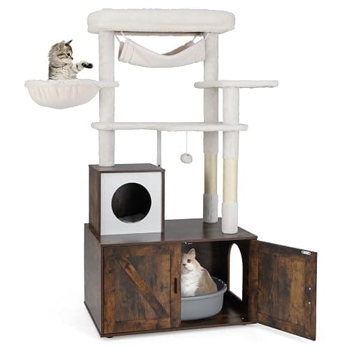 Tangkula Cat Tree with Litter Box Enclosure, Industrial Hidden Litter Box with Cat Tower, Sisal Scratching Posts, Hammock, Hanging Toy and Basket Bed, Condo, Wooden Cat Washroom for Indoor Cats - Image 1
