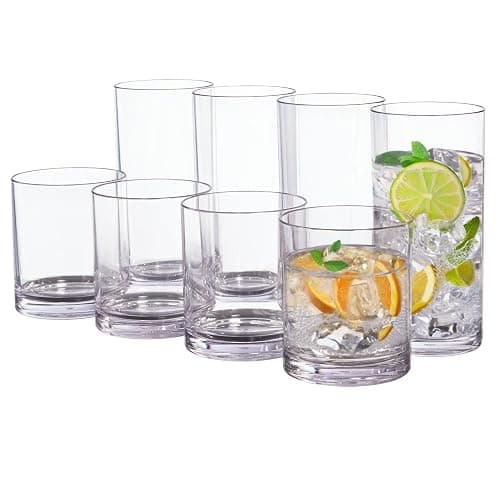 US Acrylic Classic Clear Plastic Reusable Drinking Glasses (Set of 8) 12oz Rocks & 16oz Water Cups | BPA-Free Tumblers, Made in USA | Top-Rack Dishwasher Safe - Image 1