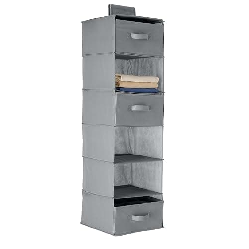 Amazon Basics 6-Tier Hanging Shelf Closet Storage Organizer with Removable Drawers, Grey, 6.9"D x 13.6"W x 12.2"H - Image 1