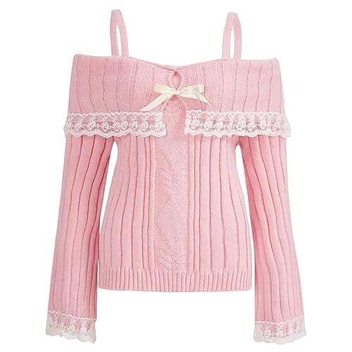 Women Off Shoulder Sweater Top Y2K Aesthetic Long Sleeve Lace Trim Knit Pullover Sweater Cutecore Kawaii Clothes - Image 1
