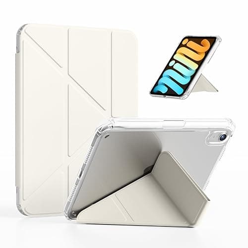 kenke Case for iPad mini A17 pro 8.3 Inch 2024, for iPad mini 6th Generation 8.3 Inch 2021 with Pencil Holder, Solid Y-Fold Stand Cover with Full Clear Hard Back Shell, Auto Wake/Sleep, Cream White - Image 1