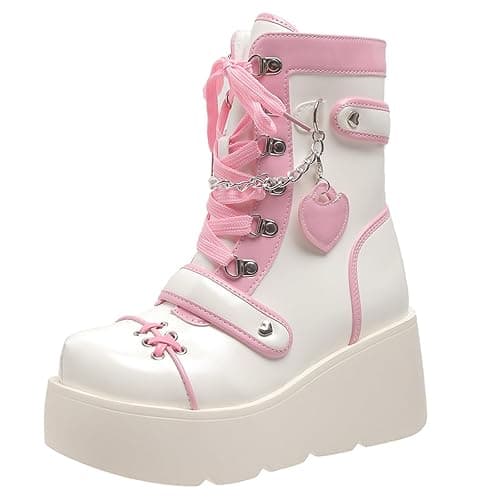UOQAPRE Women's High Heel Combat Boots Square Toe Lace Up Ankle Booties Fashion Wedge Chunky Platform Boots Zipper Bootie Shoes - Image 1