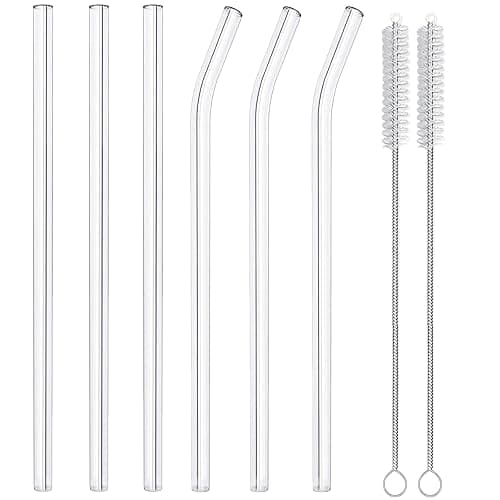 Lydnvjx 6 Pack Reusable Glass Straws,8.5'' x10MM,3 Straight and 3 Bent with 2 Cleaning Brushes,Perfect for Smoothies,Tea,Juice - Image 1