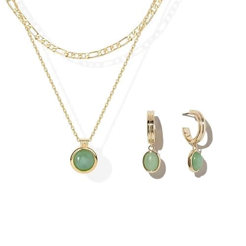 DISTANT DRUMS Simple Natural Green Aventurine Stone Jewelry Set for Women,Hoop Earrings,Bracelet,Necklace,18K Gold-plated Spiritual Gift,Fortunate Stone Jewelry,Choker - Image 1
