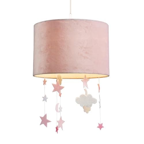 Soft Blush Pink Velvet Pendant Lamp Shade with Hanging Felt Fabric Stars and Clouds | 30cm Diameter | Lovely Addition to Childrens Bedroom by Happy Homewares - Image 1