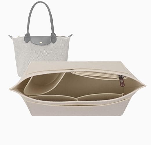 Lckaey tote bag organizer insert for Longchamp le pliage large tote insert felt purse zipper bag organizer beige, L/16.5 * 6.7 * 9.8in - Image 1
