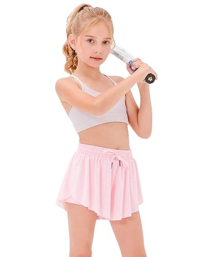 Stelle Girls Flowy Shorts with Pockets Athletic Running Skirt High Waist Butterfly 2 in 1 Sports Short 5-16 Years - Pink - 8-9 Years - Image 1