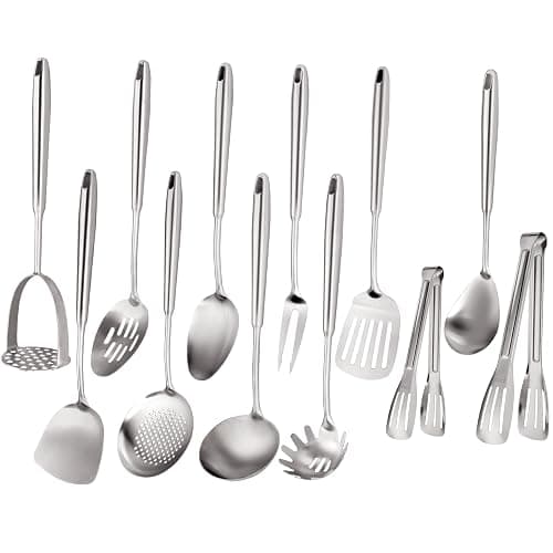 304 Stainless Steel Cooking Utensils Set, Stainless Steel Kitchen Utensils, 12 PCS Long Large Metal Cooking Utensil Tools Set, Potato Masher, Fork, Tongs, Pasta, etc (Dishwasher Safe) - Image 1