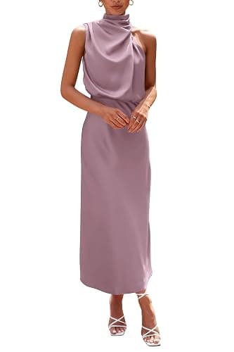 PRETTYGARDEN Women's 2026 Summer Satin Dress Elegant Sleeveless Mock Neck Cocktail Party Maxi Dresses - Image 1