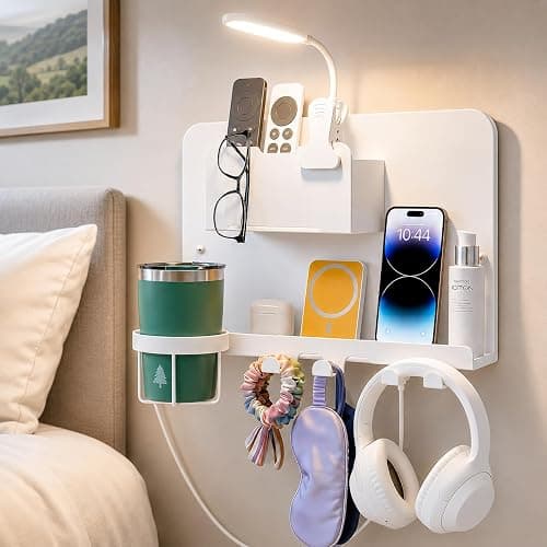 Metal Bedside Wall Shelf, Bedside Floating Shelf Wall Organizer with Detachable Cup Holder, No Drill Wall Mount for Bedroom, Dorm Room Decor, Nightstand Alternative, Bunk Bed Accessories, RV Storage - Image 1