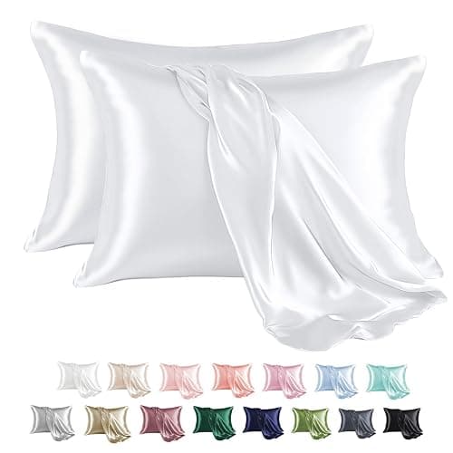 MR&HM Satin Pillowcase for Hair and Skin, Silk Satin Pillowcase 2 Pack, Queen Size Pillow Cases Set of 2, Silky Pillow Cover with Envelope Closure (20x30, White) - Image 1