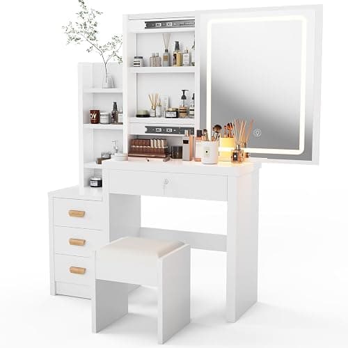 Dressing Table with Mirror and Stool, Vanity Table with LED Lights and Adjustable Brightness, Vanity Desk with Mirror, Makeup Desk for Bedroom, For Adults Women Girls Bedroom, White(Upgraded version) - Image 1