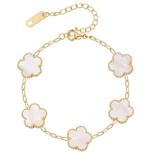 MIFKUD Four Leaf Clover Bracelet for Women 18K Gold Plated Bracelets White/Gold/Black/Blue/Pink Flower Leaf Link Clover Bracelet Lucky Clover Gold Bracelet Trendy Jewelry Birthday Gifts for Women - Image 1