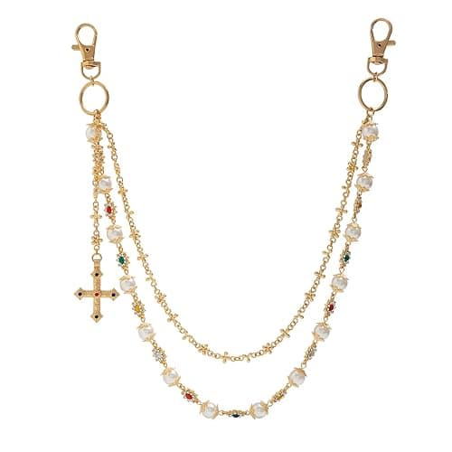 Fashion Layered Pants Wallet Chains - Exquisite Gold Silver Rhinestone Flower Pearl Jean Pocket Chain for Women Men Cute Bag Purse Charms Jewelry - Image 1