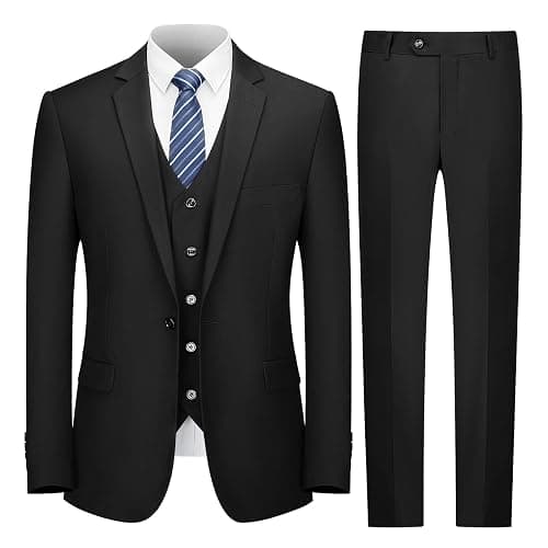 Cooper & Nelson Men's Suit Slim Fit, 3 Piece Suits for Men, One Button Solid Jacket Vest Pants with Tie, Tuxedo Set - Large - Black - Image 1
