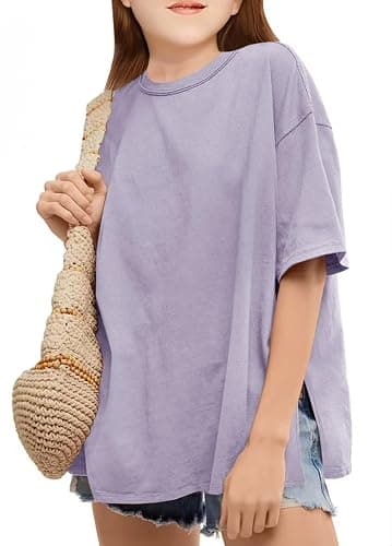 CharmWM Girls Fashion T Shirts Raw Hem Oversized Summer T Shirt Short Sleeve Tops Tees Shirt 5-14 Years - Image 1