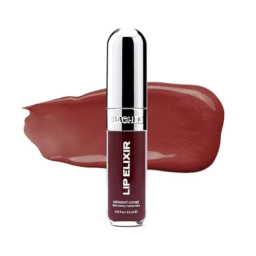 Sacheu Lip Elixir Nourishing and Hydrating Lipgloss — Moisturizing Plumping Lip Gloss Enriched with Collagen, Non-Sticky Lip Color Smooth High-Shine Finish, Vegan & Cruelty-Free, Midnight Lychee - Image 1