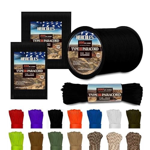 HERCULES Type III Paracord 550 Paracord Rope Parachute Cord, 50' Black for Survival Rope, Survival Cord - Image 1