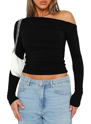 Darong Women's Casual Long Sleeve Boat Neck Off Shoulder Slim Fit Crop Top Going Out Blouses Y2K Tight Shirts - Image 1