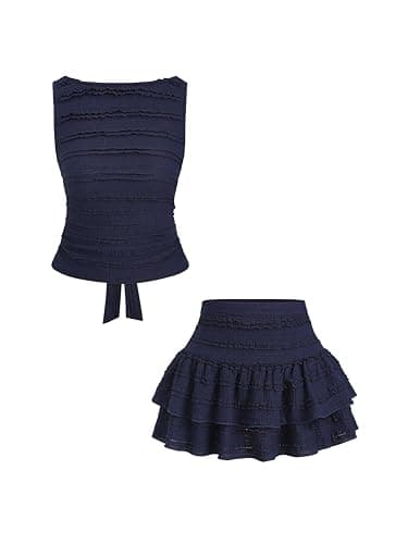Verdusa 2 Piece Sets for Women Summer Sets Textured Tie Back Tank Top with Ruffle Layered Skirt Vacation Outfits - Image 1
