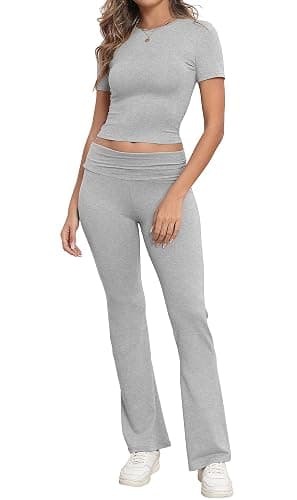 IWOLLENCE Loungewear Sets for Women UK Two Piece Outfit Short Sleeve Crop Top and High Elastic Waist Wide Leg Trousers Co Ord Set - Image 1