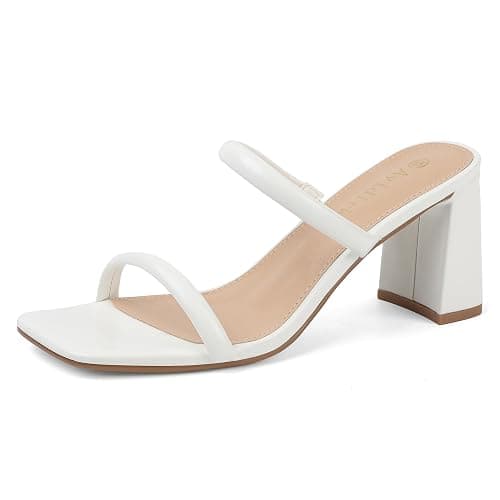 Avidirk Women's Square Open Toe Heeled Sandals Two Strap Mules Slip On Block Chunky Mid Heels Sandals - 9 - White - Image 1