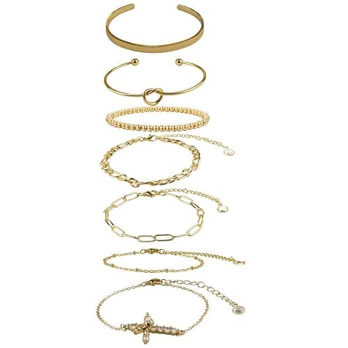 JINGSEN Gold Cross Bracelet for Women 14k Gold Plated Bracelet Stack Bangle Cuff Bracelet Set for Women Non Tarnish Beaded/Paperclip/Cuban Link Chain Bracelets Jewelry for Women Trendy - Image 1