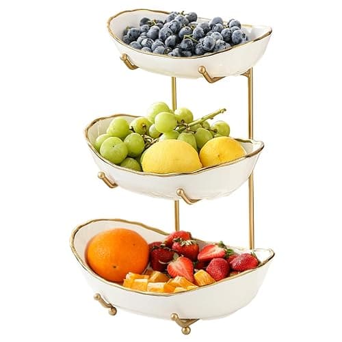 HOMKULA Ceramic Fruit Bowl for Kitchen Counter - 3 Tier Fruit Basket with Metal Stand, Tiered Fruit Stand for Countertop, Snack, Nuts, Cake, Dessert, Small & Cute (Gold-rimmed) - Image 1