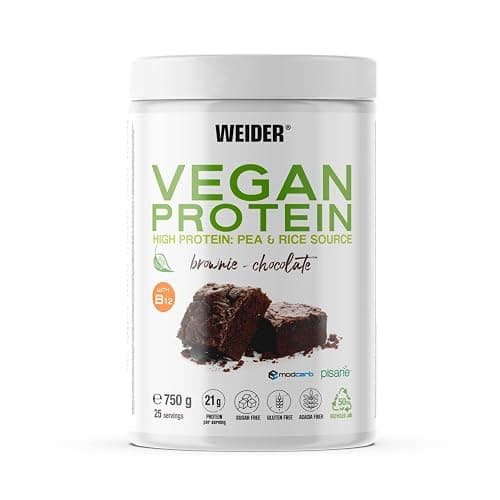 Weider Vegan Protein (750g) Gusto Cioccolato. Proteine Vegane 21g/dose isolate di piselli e riso, Con Vitamina B12 e Stevia, Senza Glutine, Senza Zucchero, Contenitore 50% Riciclato, 100% Riciclabile - 750g - CIOCCOLATO BROWNIE - Image 1