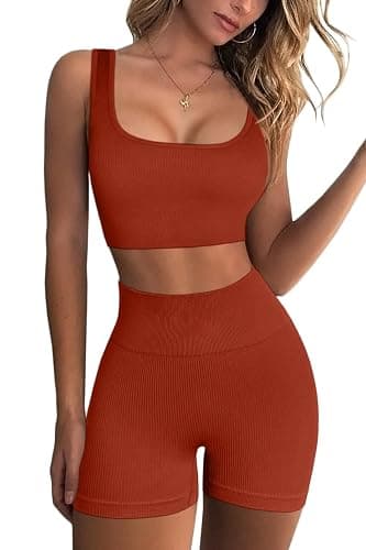 QINSEN Workout Sets for Women 2 Piece Seamless Ribbed Crop Tank High Waist Shorts Yoga Outfits - Small - Brick Red - Image 1