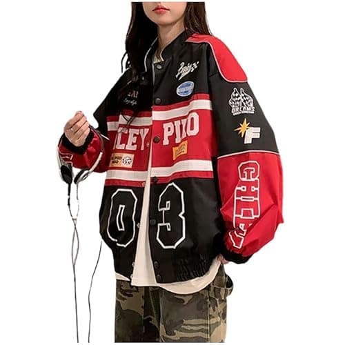 POHADON Varsity Jacket For Women Patchwork Long Sleeve Racing Bomber Letterman Jackets Color Block Y2k Vintage Streetwear - Medium - Red - Image 1