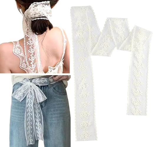 Qojai White Lace Ribbon Scarf Belt Fancy Long Lace Scarf Belts for Women Waist Belts for Jeans Floral Bow Waistband Tie Belt Soft Mesh Fabric Waist Scarves Headscarf Women's Streetwear Accessories - Image 1
