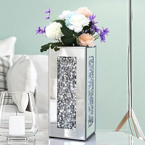 Crushed Diamond Mirrored Vase 6x6x14 inch Crystal Silver Glass Stunning Decorative Vase Flower Luxury for Home Decor. Can’t Hold Water. - Image 1