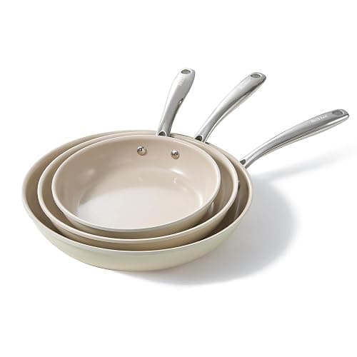 Redchef Non Stick Frying Pans, Ceramic Pan Skillet, Non Toxic Pans for Cooking, 8" 9.5" 11" Ceramic Frying Pan Set PFAS & PTFE & PFOA Free with Stay Cool Handle, Dishwasher & Oven Safe, Beige White - Image 1